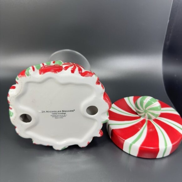 ST NICHOLAS SQUARE Candy Greetings Ceramic Candy Dish Canister Jar Container VTG - Picture 8 of 14